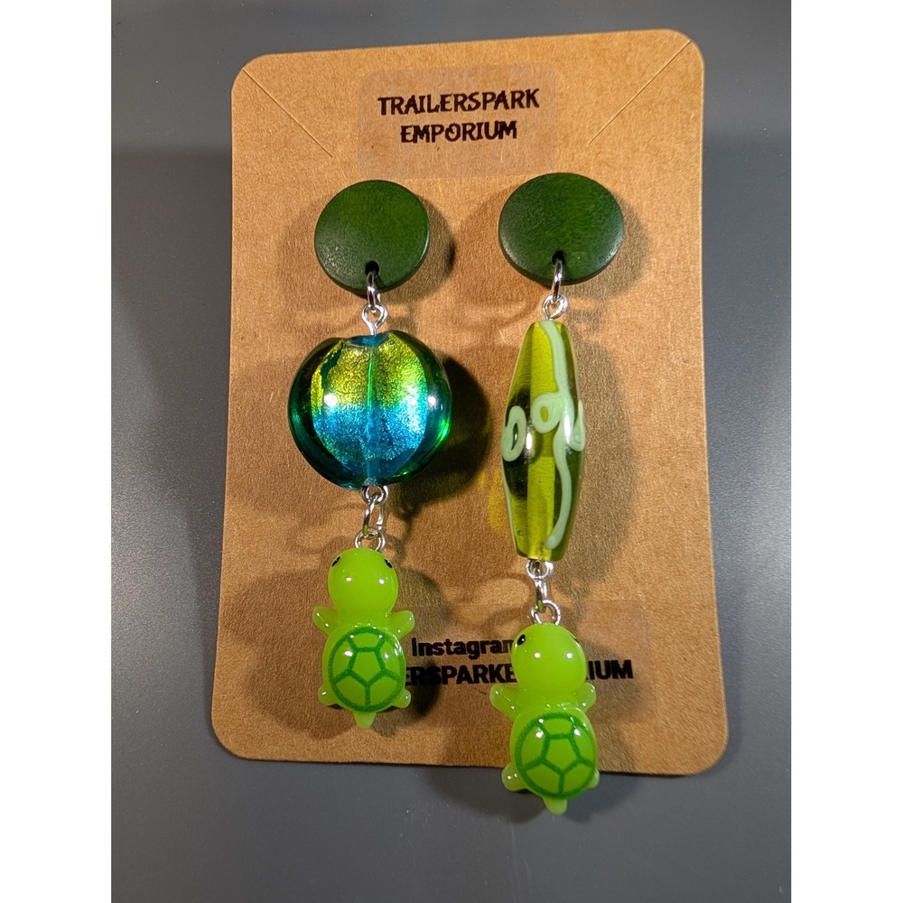 Trailerspark Emporium Mismatched Turtle Glass Bead Drop Earrings Green Blue